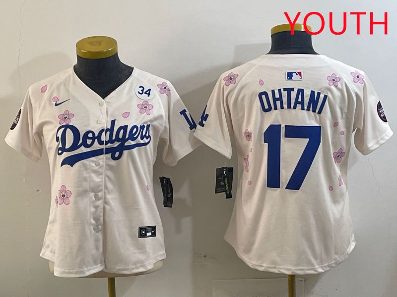 Youth Los Angeles Dodgers #17 Ohtani Cream Sakura Edition 2025 Nike MLB Jersey style 4